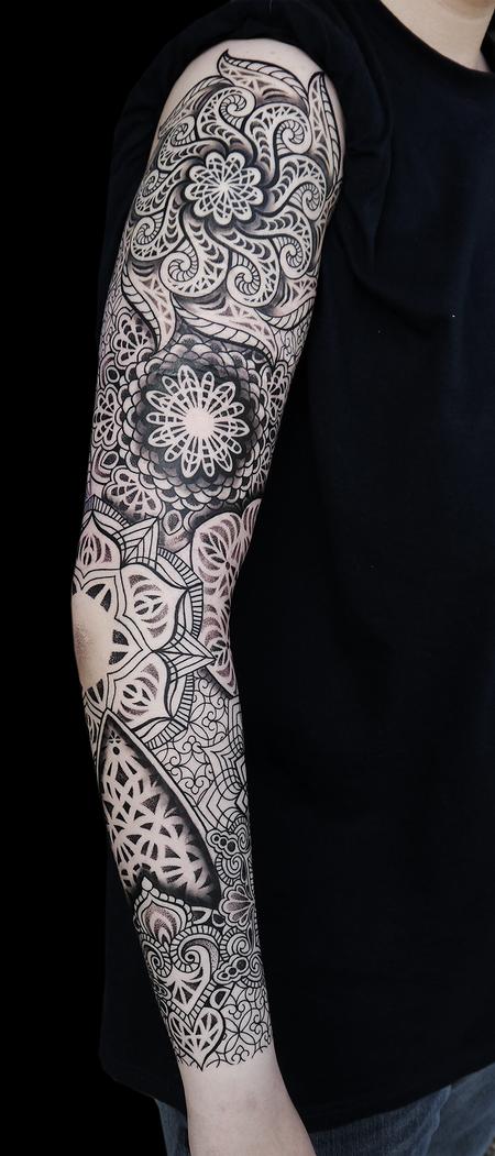 Obi - dotwork linework mandala full sleeve tattoo done in 5 consecutive sittings in about 30 hours at at Off the Map, Cervignano del Fruili , Italy
