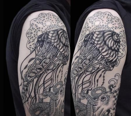 Tattoos - jellyfish in dotwork geometrical realistic oriental underwater half sleeve in progress - 117953