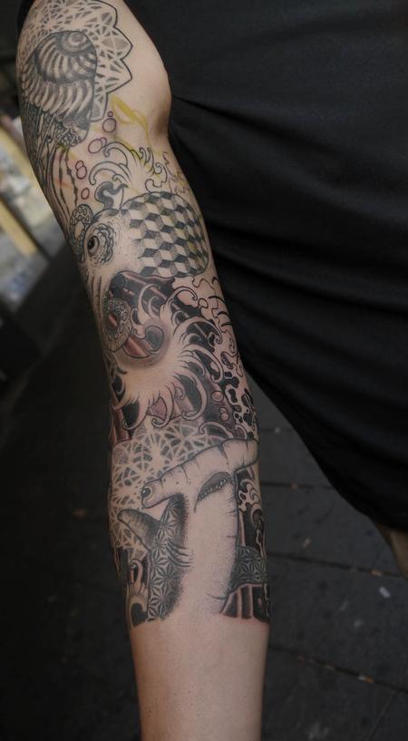 Tattoos - dotwork underwater ocean themed geometrical theree quarter sleeve in progress - 119423