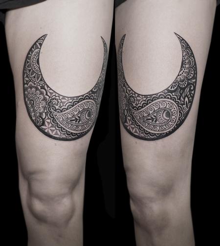 Tattoos - dotwork linework traditional indian style paisley moon tattoo - 117405