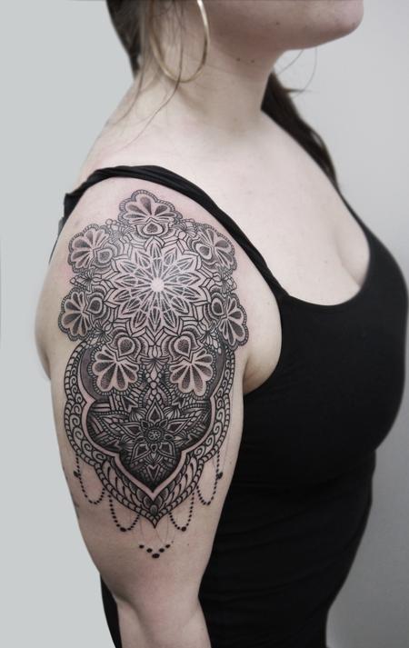 Obi - dotwork linework ornamental arm shoulder tatto in indian traditional style