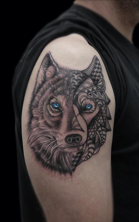 Obi - linework dotwork semi realistic black and grey abstract wolf tattoo