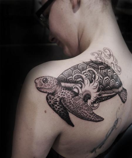Tattoos - dotwork geometric oriental  sea turtle  - 120034