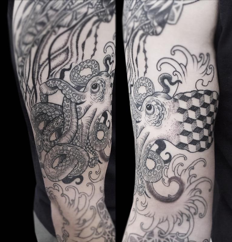dotwork linework geometric octopus tattoo by Obi: TattooNOW