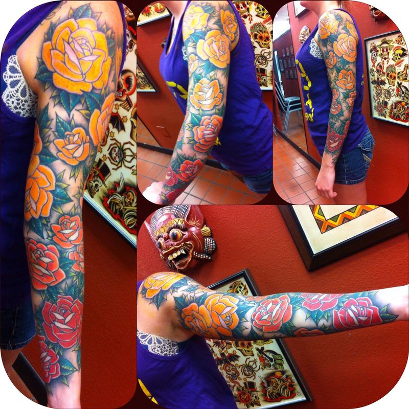 traditional rose sleeve tattoo