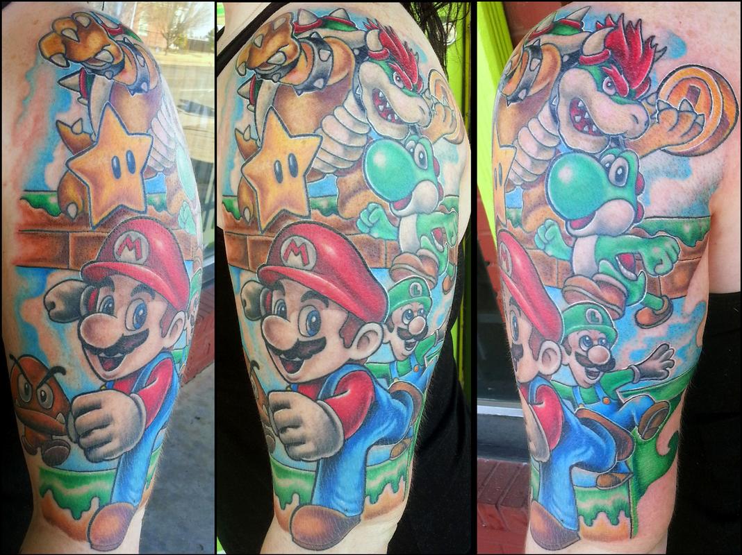 Heroes  Ghosts Tattoo on Instagram Love this Mario sleeve done by  at3kidd13  go to Colbys email to schedule an appointment the  information is Colbys bio