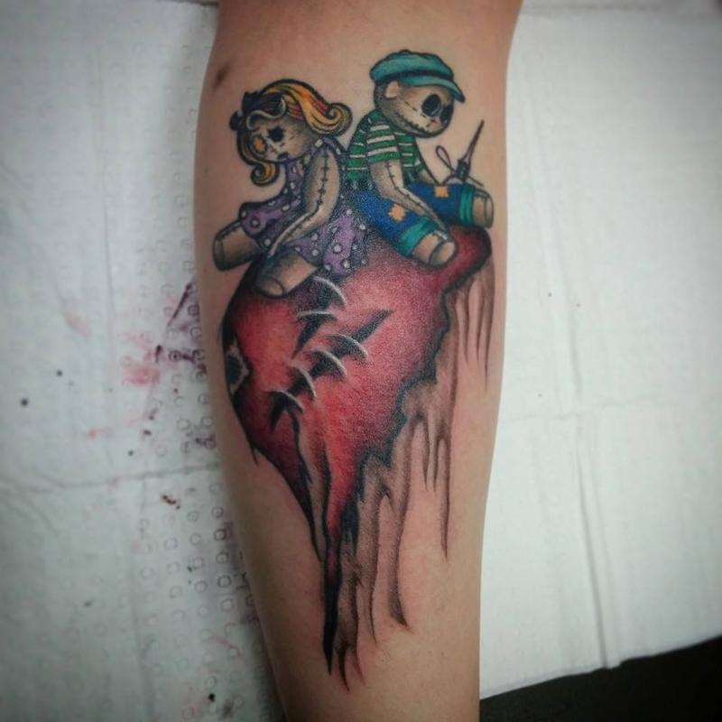 ragdolls on a heart calf piece by Vanessa Rodriguez: TattooNOW