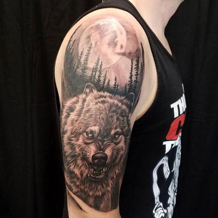Whitney Schiller - Black and Gray Wolf Half Sleeve Tattoo