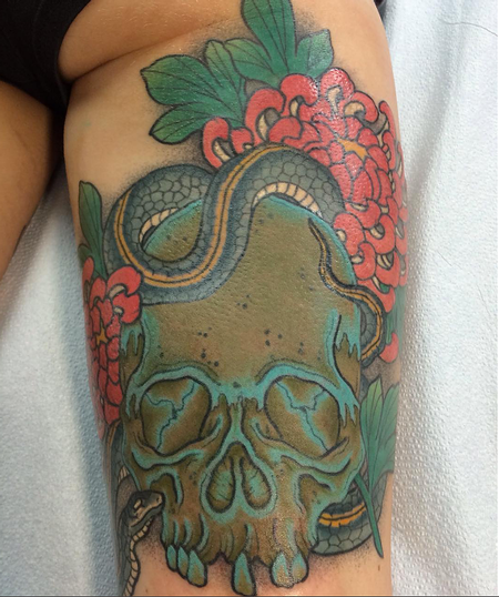 Tattoos - Skul, Snake and Flowers - 124848