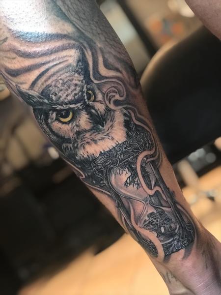 Tattoos - owl with hourglass tattoo - 132920