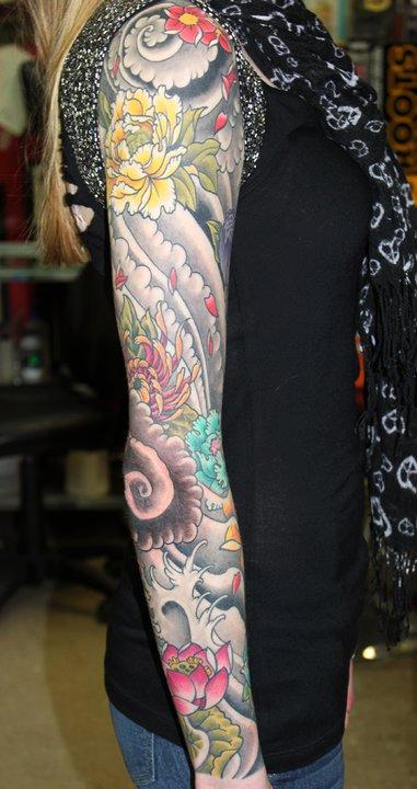 Tattoos - Sleeve of flowers, wind and water - 62816