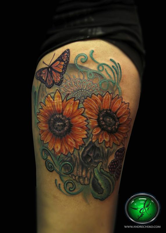 Sunflower and Skull Tattoo  Tattoo Ideas and Inspiration  Neck tattoos  women Side neck tattoo Floral skull tattoos