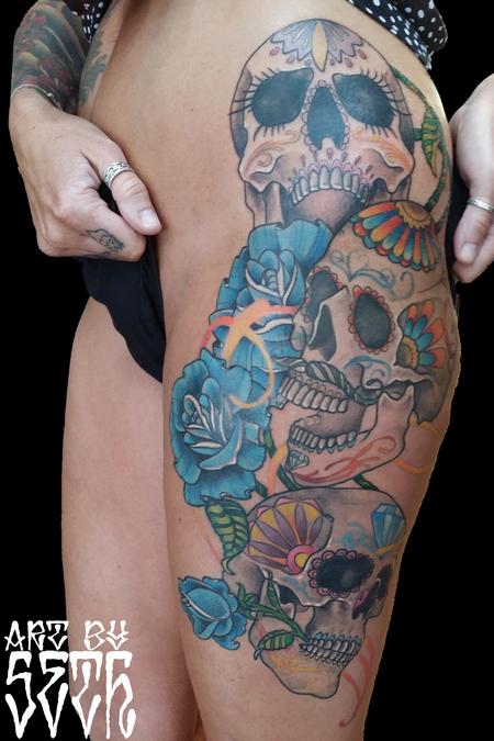 Tattoos - Illistrative Sugar Skull Roses - 114800
