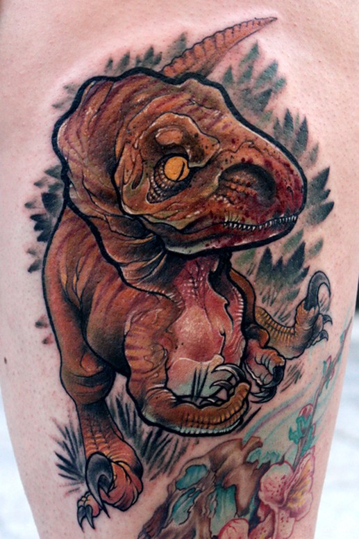 Tattoo tagged with dinosaur black big animal violet contemporary  red thigh pink t rex pop art tatuaje andrew little andy marsh  tatuajes orange green other brown psychedelic  inkedappcom