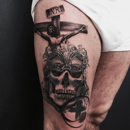 Tattoos - Crucifix and Adorned Skull - 116649