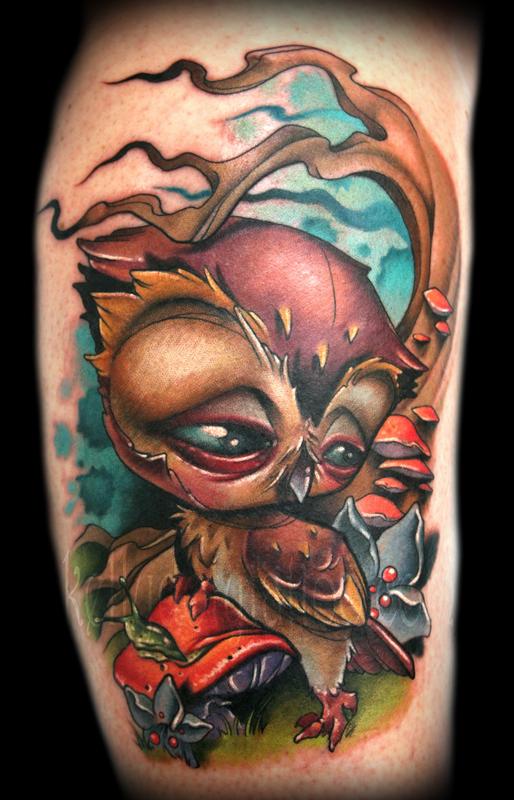 Owls conquer mushrooms tattoo by Kelly Doty: TattooNOW