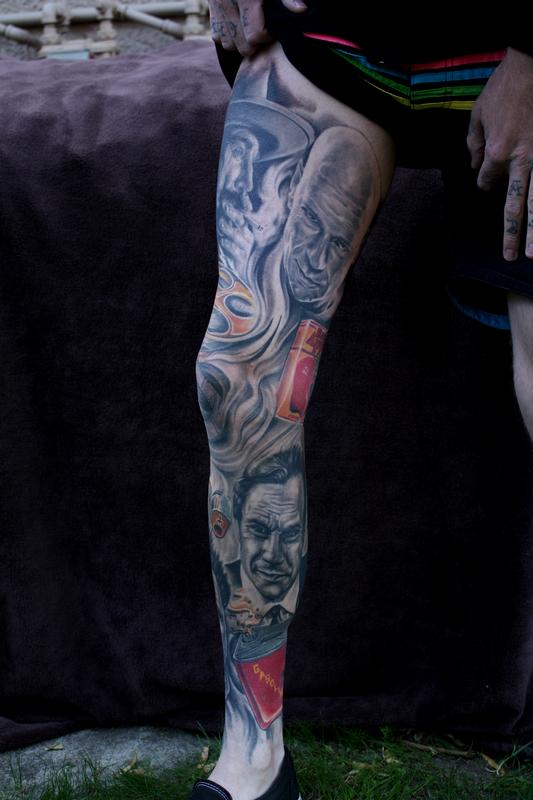 portrait leg sleeve tattoo by Ty McEwen TattooNOW