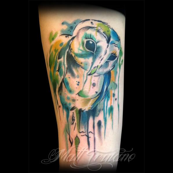 Watercolor owl shoulder blade tattoo