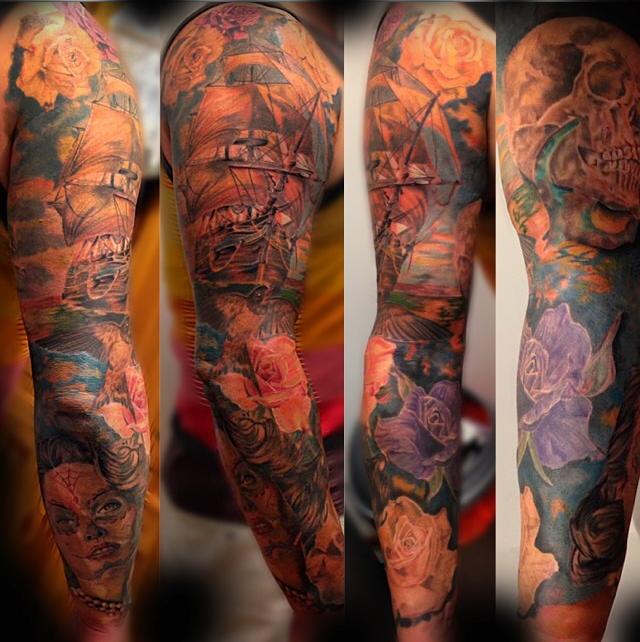 traditional pirate tattoo sleeve