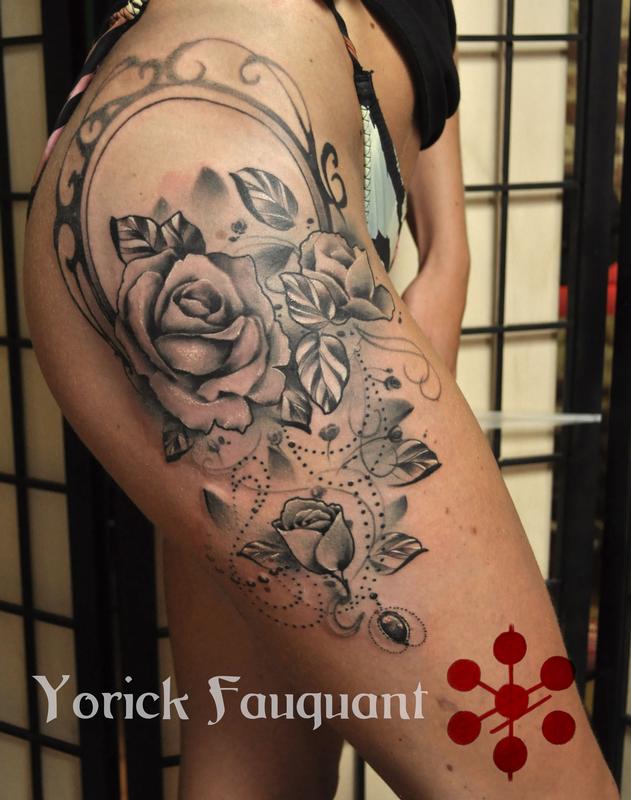 roses tattoo on thigh neo traditional style by Yorick Fauquant TattooNOW