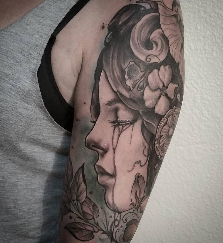 Art Nouveau Woman crying, black and grey, color, arm tattoo by Yorick Fauquant: TattooNOW