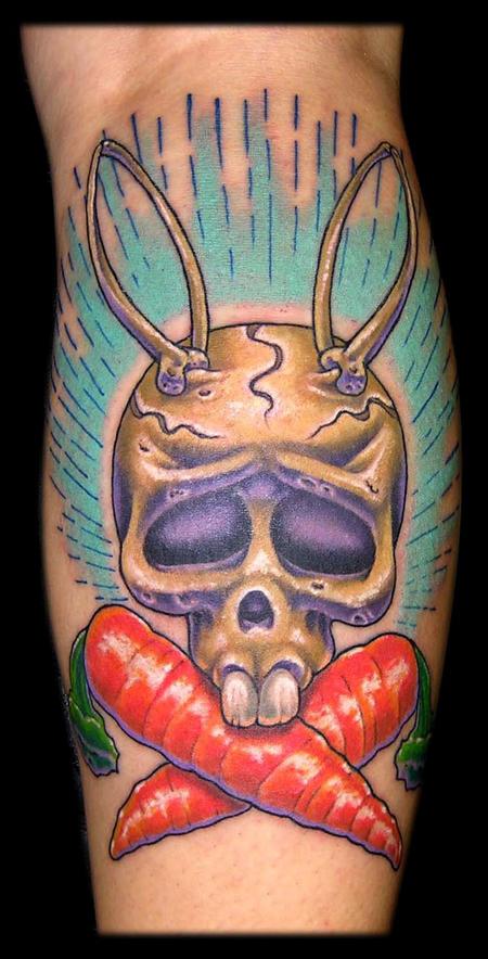 Microrealistic skull and bunny tattoo located on the