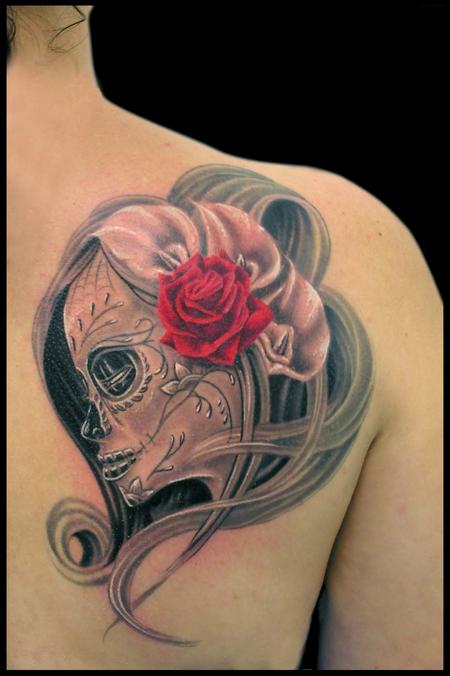 Tattoos - Black and Grey Day of the Dead Girl with Calla Lilies and a Rose - 79382