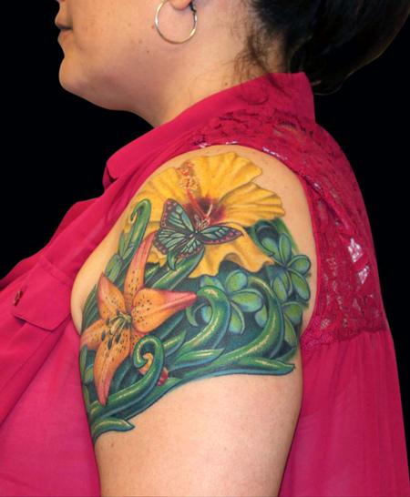 Tattoos - Royal Sunset Lilly, Hibiscus, Plumeria and a Butterfly - 79443