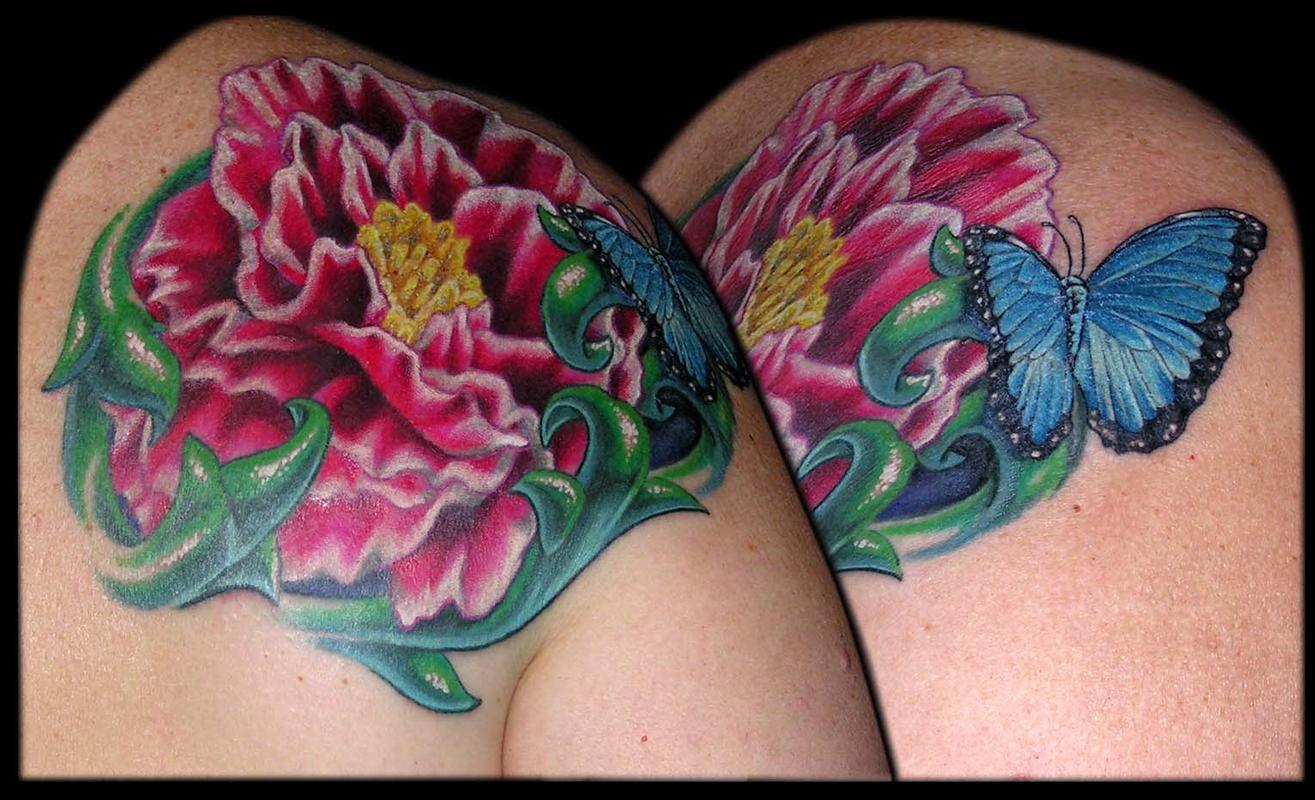 Peonie and a Blue Morpho Butterfly by Aaron Goolsby TattooNOW