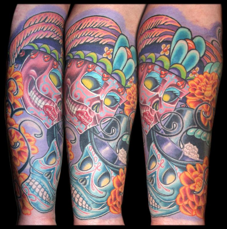 Day of the Dead Skulls, Marigolds, Bee and a Tribal Re-work by Aaron Goolsby: TattooNOW Day of the Dead Skulls, Marigolds, Bee and a Tribal Re-work by Aaron Goolsby: TattooNOW