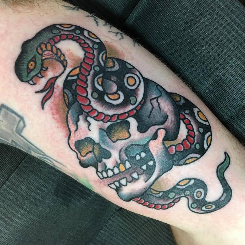 Arm Snake Skull Tattoo by Sacred Art Tattoo
