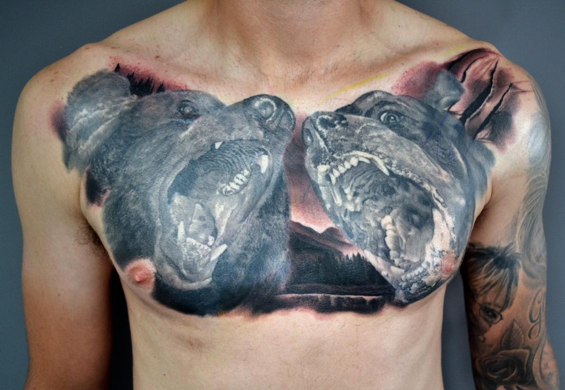 Realistic Chest Bear Tattoo by Nikita Zarubin