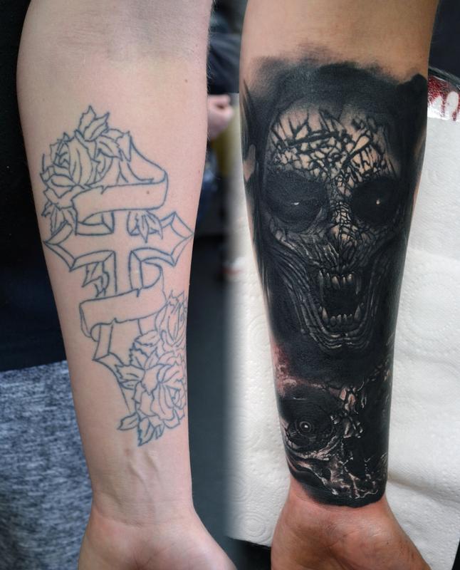 Demon and Skull CoverUp Tattoo by Alan Aldred TattooNOW