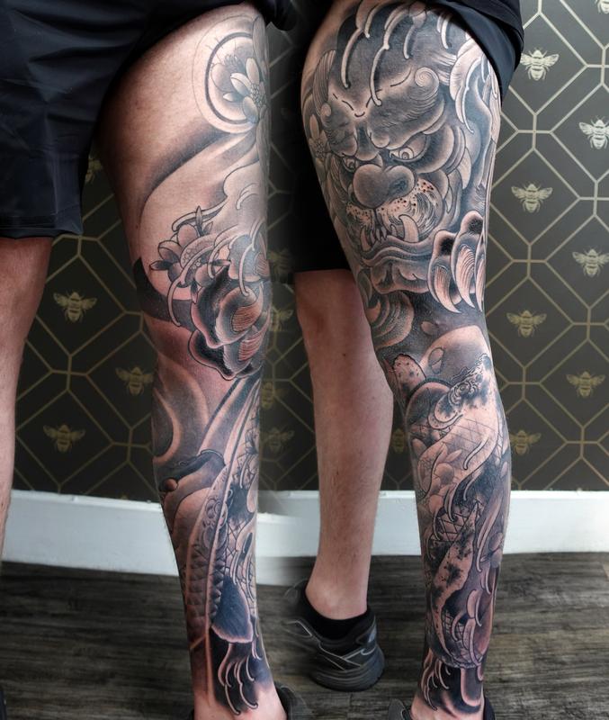 Foo Dog and Koi Leg Sleeve Finished by Alan Aldred TattooNOW