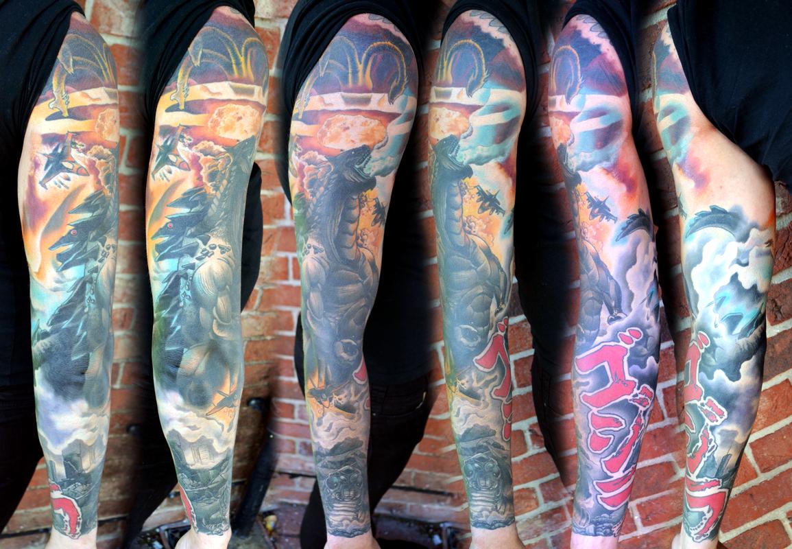 Godzilla sleeve tattoo by Alan Aldred TattooNOW