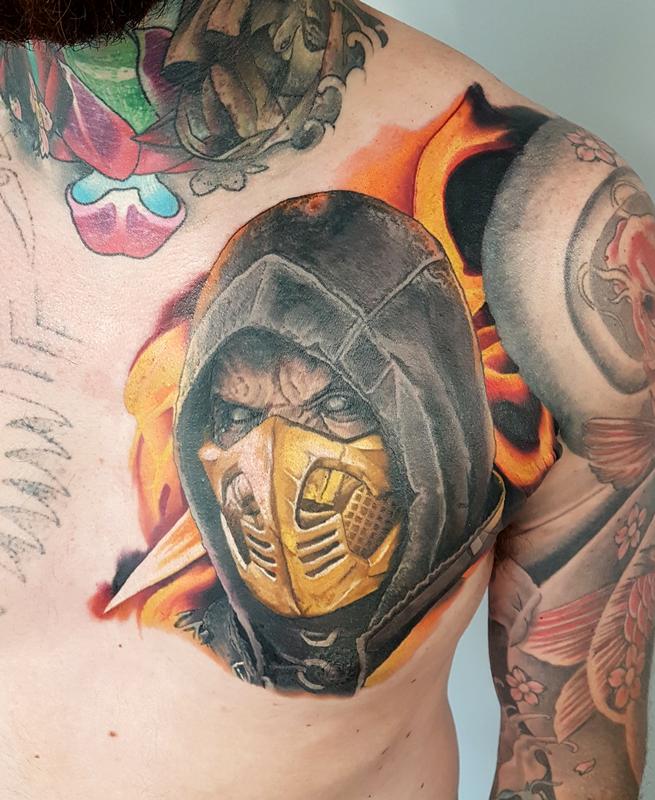 Scoprion Mortal Kombat Chest Piece by Alan Aldred: TattooNOW