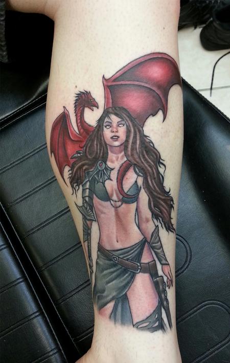 Tattoos - Medieval Warrior Woman and Dragon - 103734