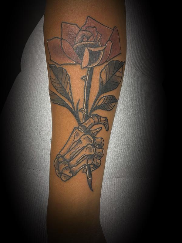 Skeleton hand with a rose by Chelsea Vachon at Inkwell in Kingston Ontario   rtattoos