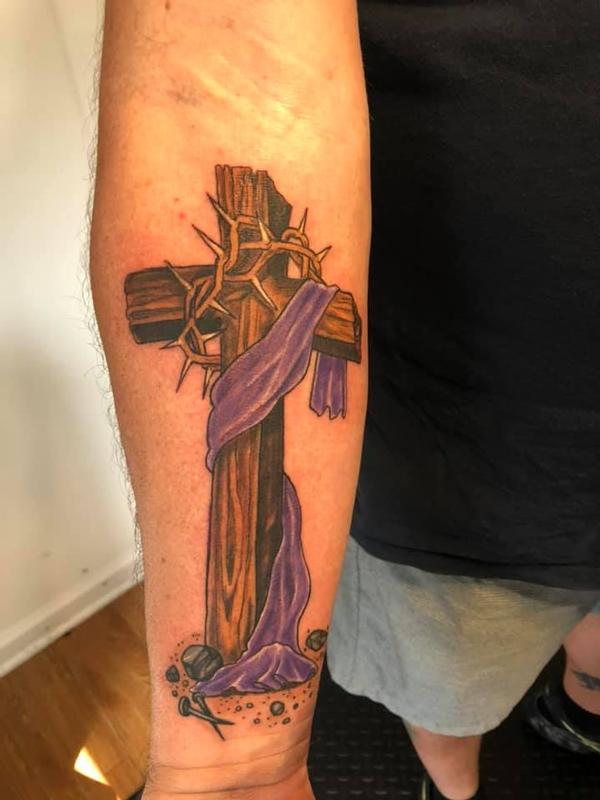 Rustic Cross Purple Sash by Howard Bell (PORTLAND) TattooNOW