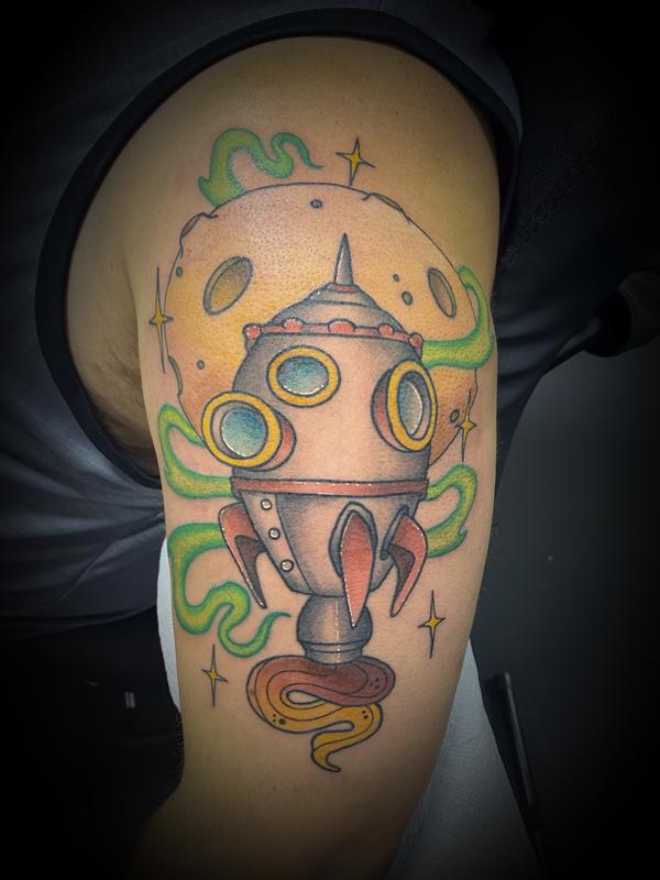 Rocket ship space moon tattoo by Nick Sadler (MADISON