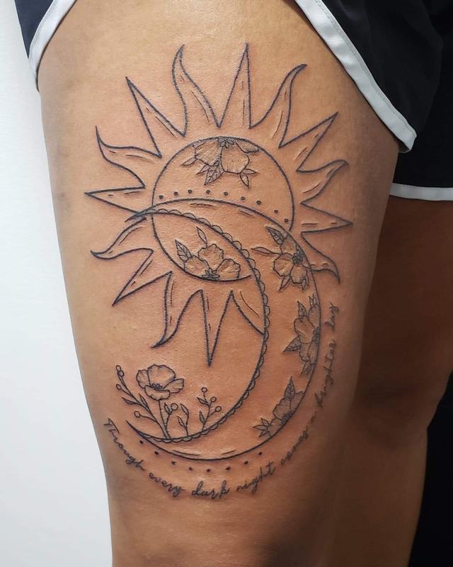 Feminine line work tattoo sun and moon by Blake Ohrt (MADISON): TattooNOW