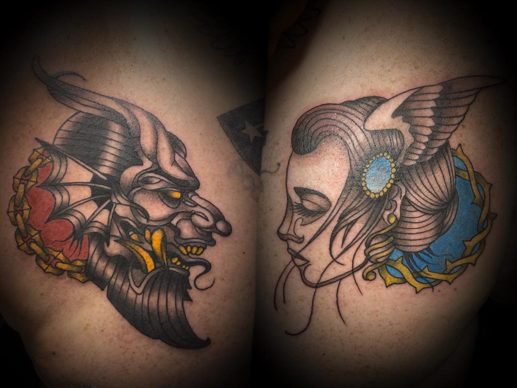 Devil And Angel Birds Chest Tattoo