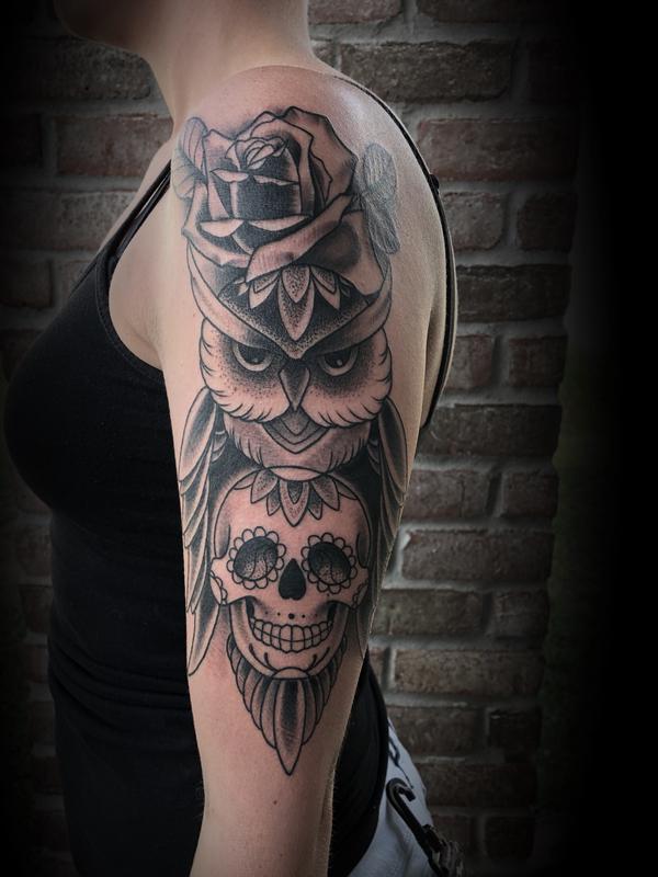 Owl and Skull Tattoo by Merry Wilson TattooNOW