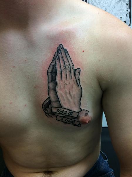 Tattoos - Black and grey praying hands  - 140138