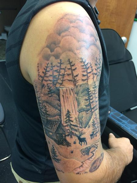 Tattoos - Black and grey outdoors scene - 140134