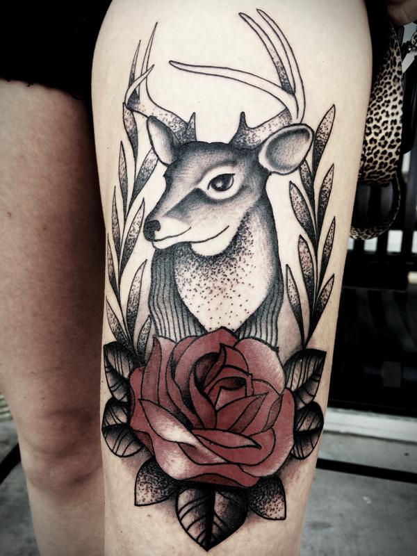 Traditional deer with rose tattoo. Frichard Adams Art Junkies Tattoo by  Frichard Adams: TattooNOW