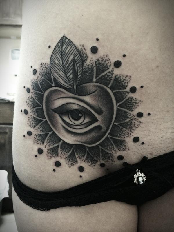 Traditional black and gray apple with eye and sacred geometry tattoo. Mike Riedl by Frichard Adams: TattooNOW