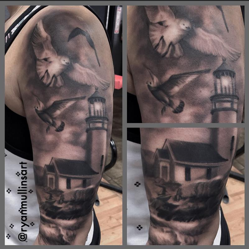 Black and gray realistic light house with ocean and birds tattoo. Ryan  Mullins Art Junkies Tattoo by Ryan Mullins: TattooNOW