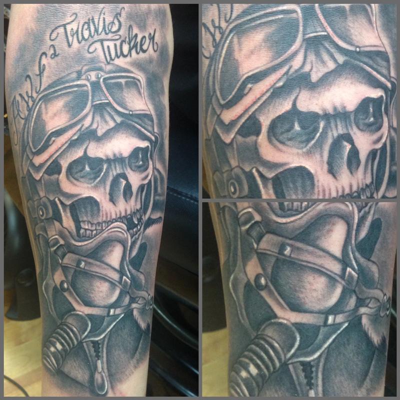 Realistic black and gray pilot skull tattoo. Scott Grosjean Art Junkies  Tattoo by Scott Grosjean: TattooNOW
