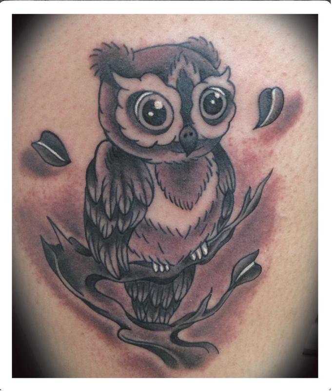 Traditional black and gray owl on a branch tattoo. Scott Grosjean Art  Junkies Tattoo by Scott Grosjean: TattooNOW